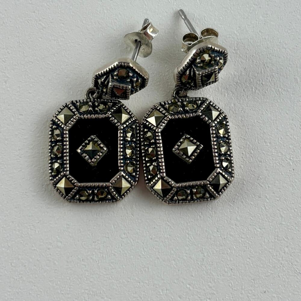 Judith Jack Marcasite Sterling Drop Dangle Earrings Black Art Deco Geometric